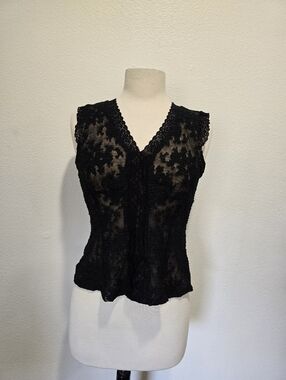 Y2k Coquette  INC International Concepts Black Lace-Trim V-Neck Tank